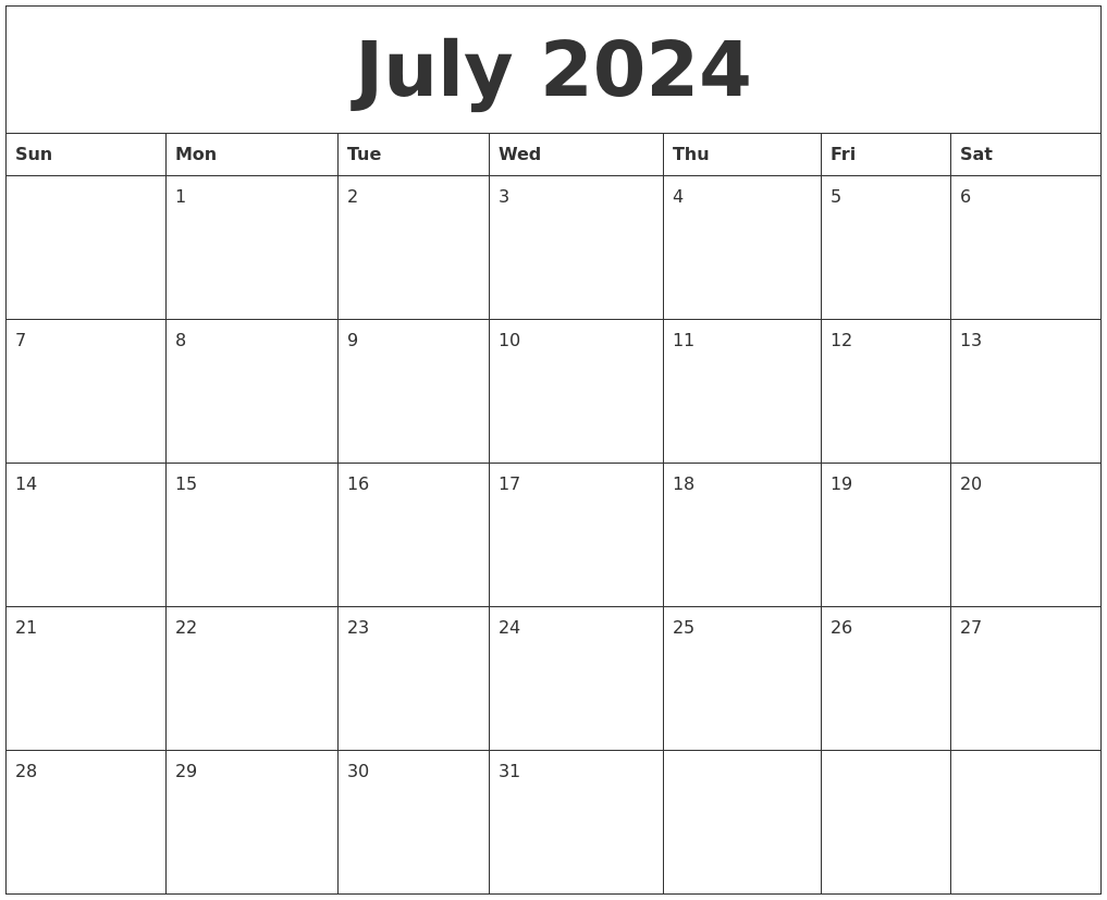 Blank July Calendar 2024