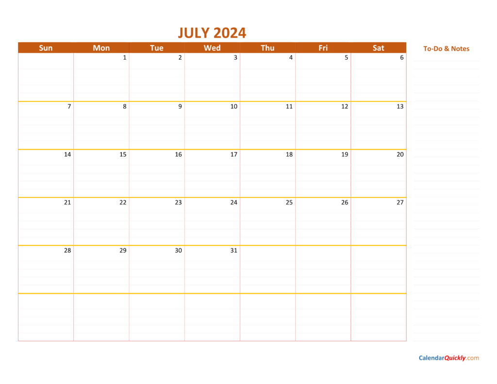 Calendar 2024 July Month