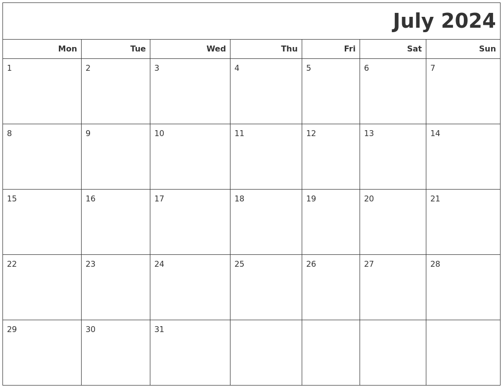 Free Printable July 2024 Calendar