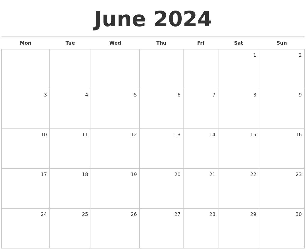 Blank Calendar For June 2024