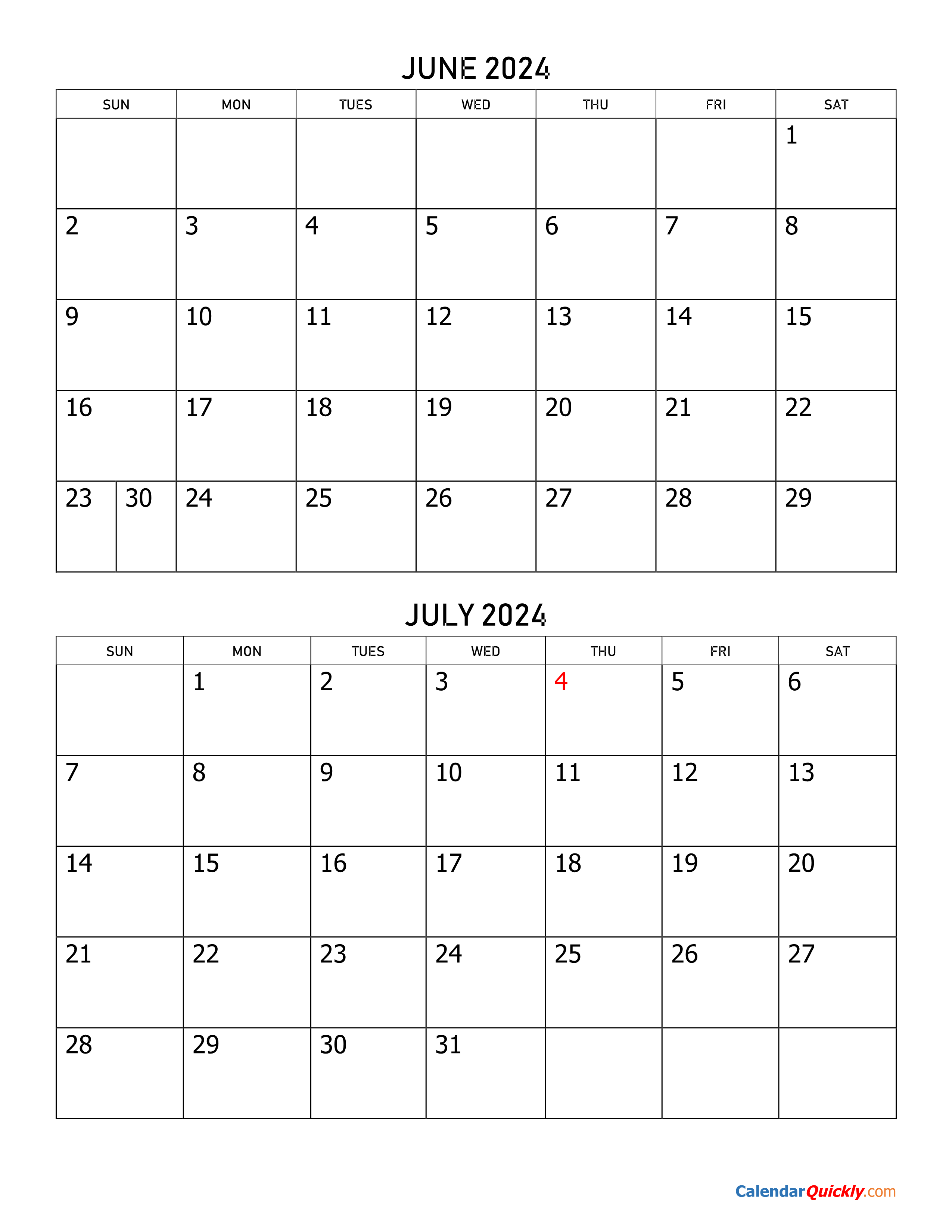 June And July 2024 Calendar 2024 Calendar Printable