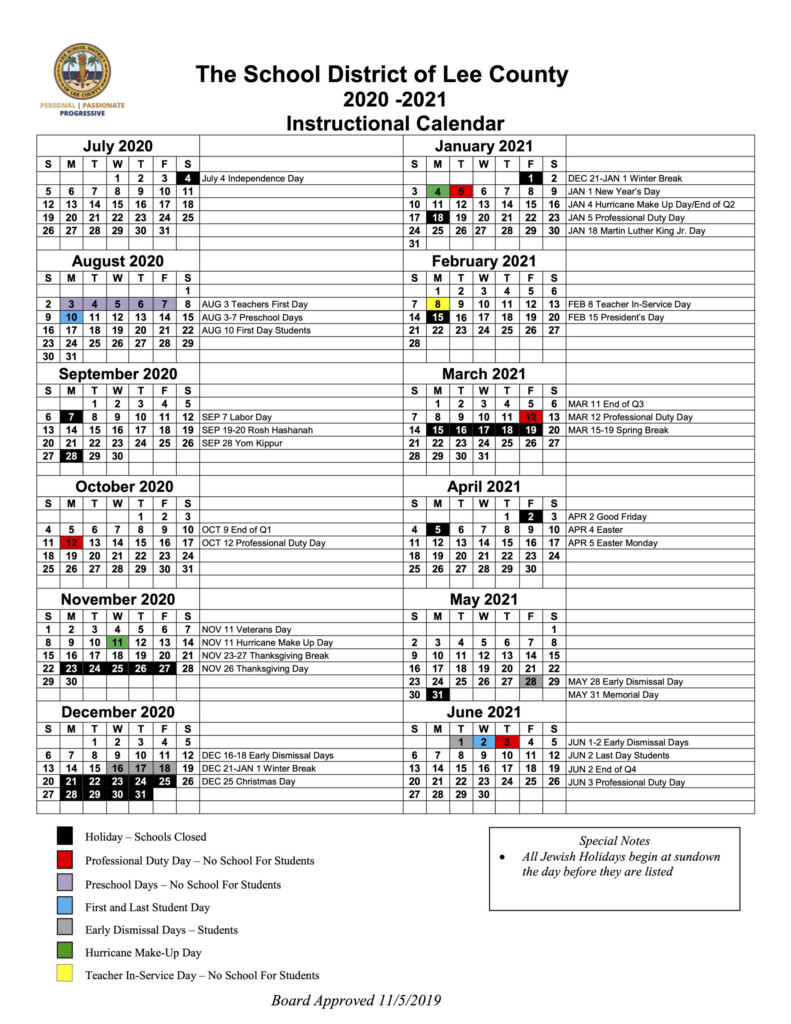 Lee Schools Calendar 2021-2024