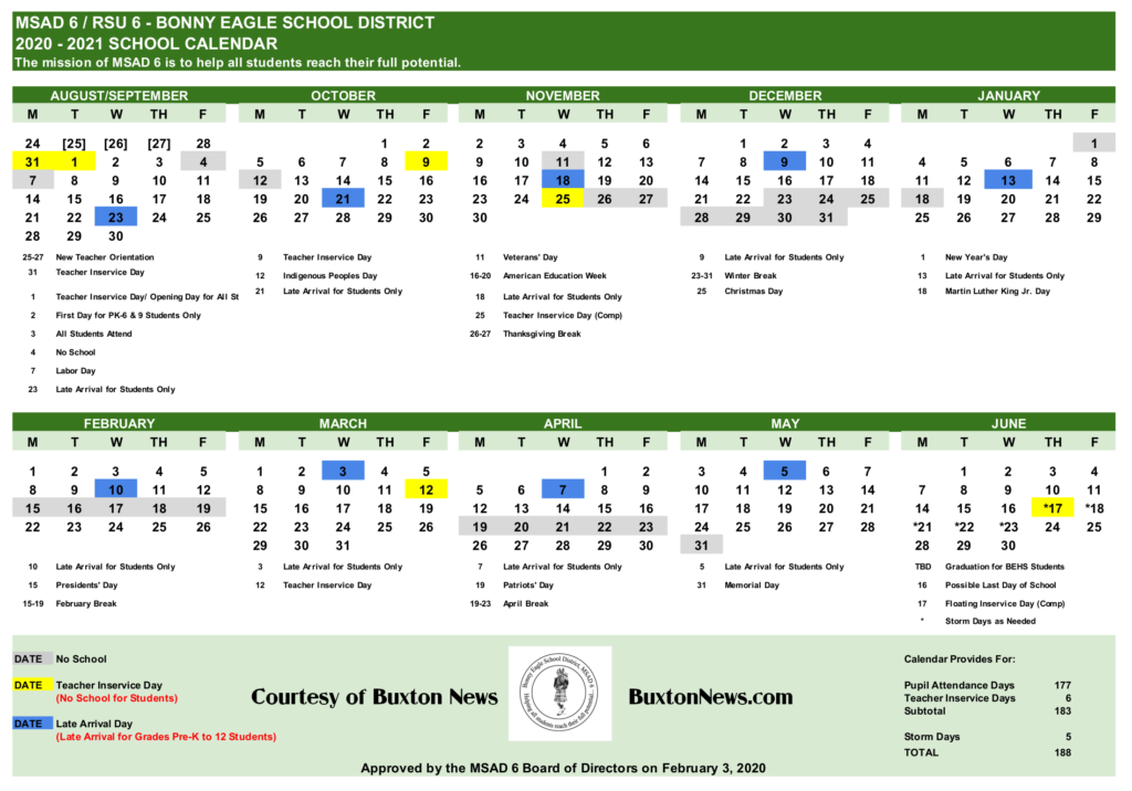 Bonny Eagle School Calendar 2021-2024