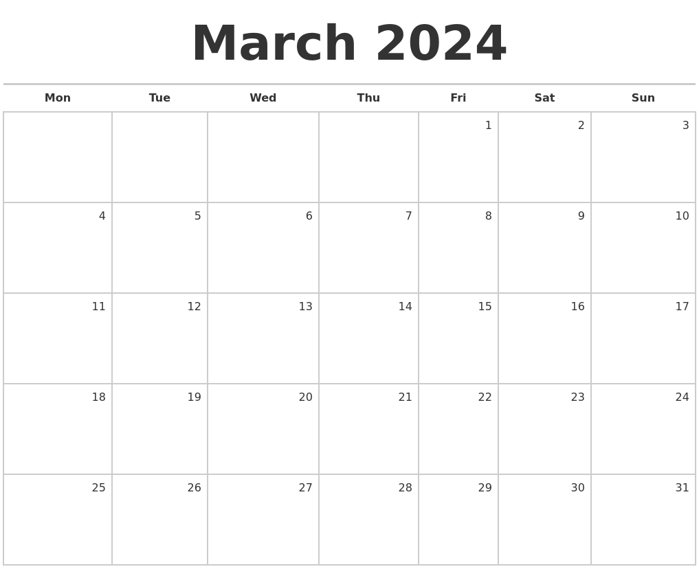 Blank March Calendar 2024