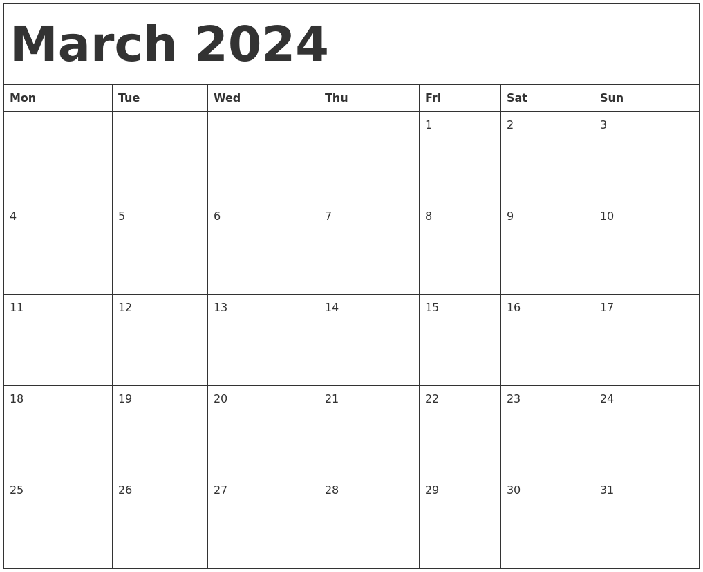 Blank March Calendar 2024