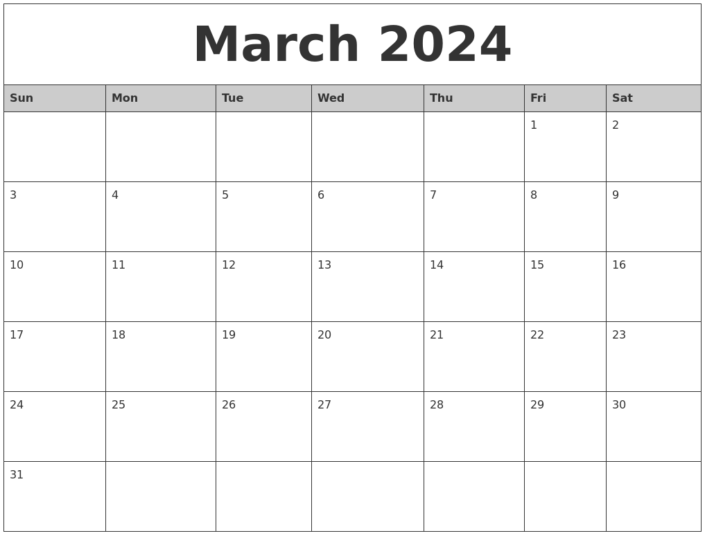 Monthly Calendar March 2024