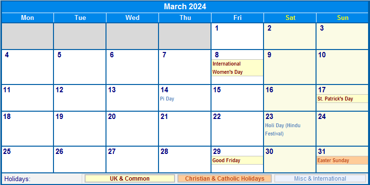 March Calendar 2024 With Holidays