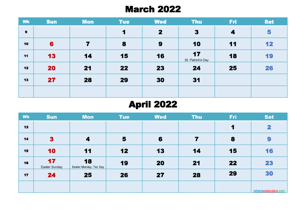 March And April Calendar 2024