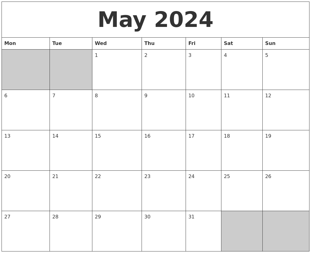 Blank May Calendar 2024