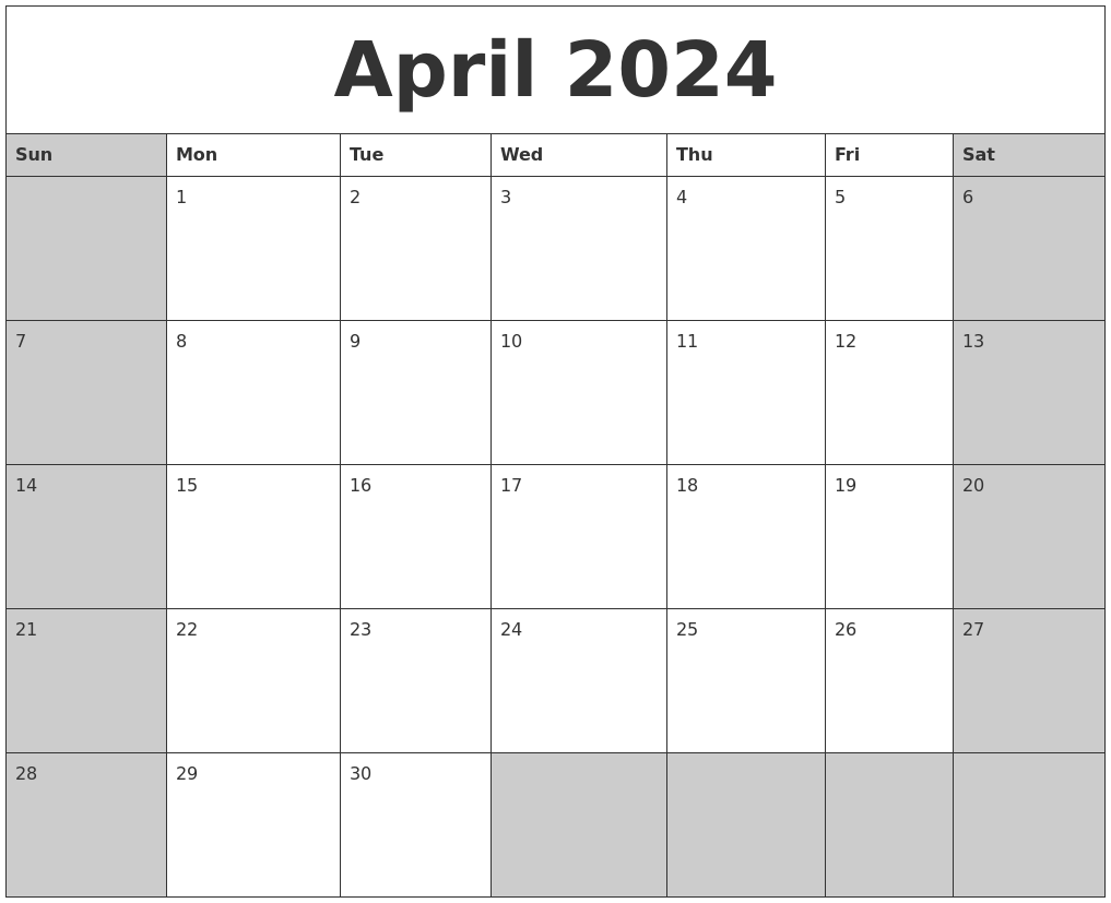 April 2024 Blank Calendar Template 2024 Calendar Printable