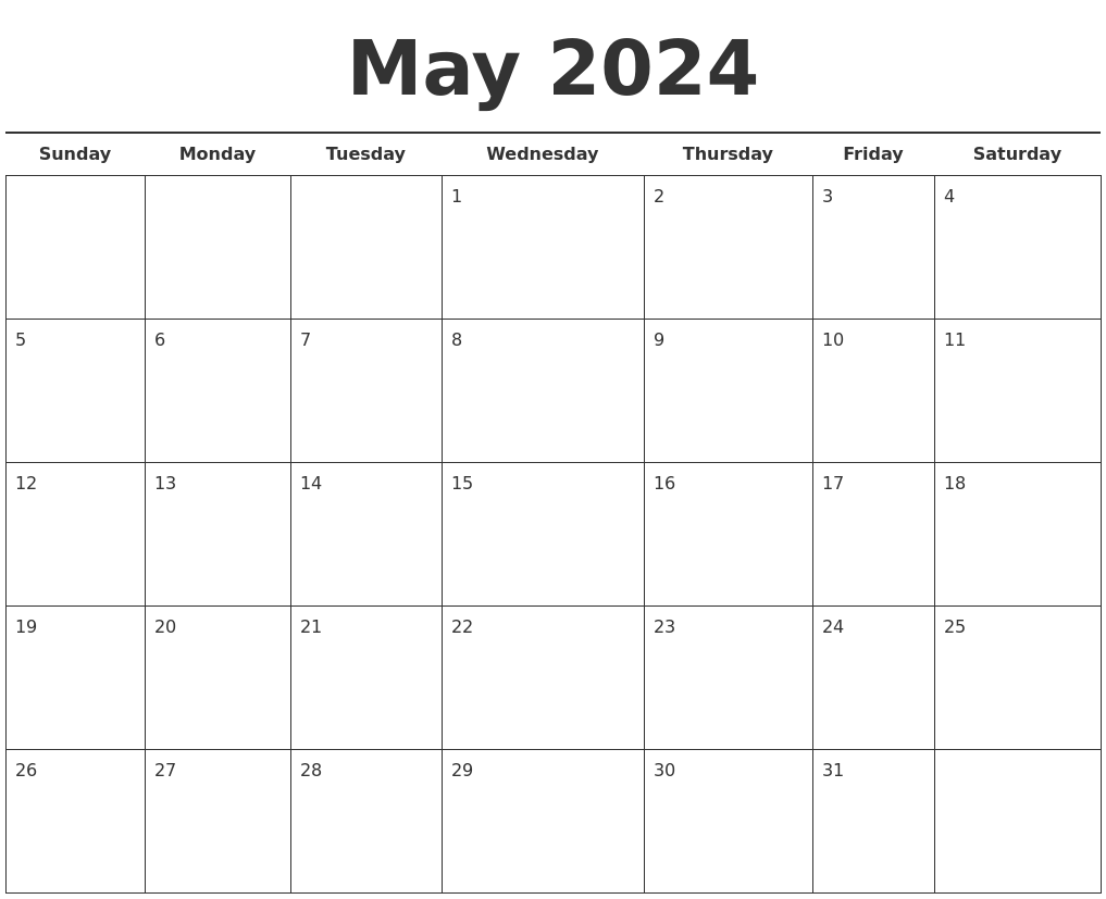 May 2024 Calendar Template 2024 Calendar Printable