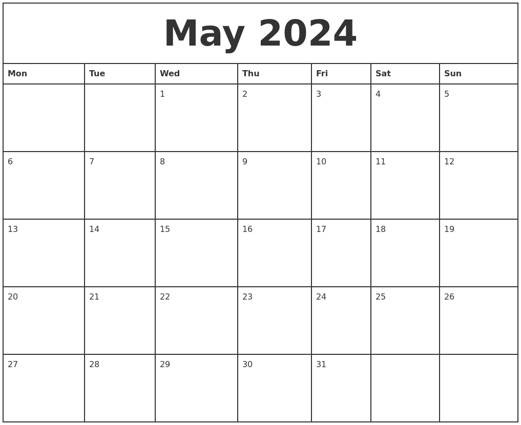 Monthly Calendar May 2024