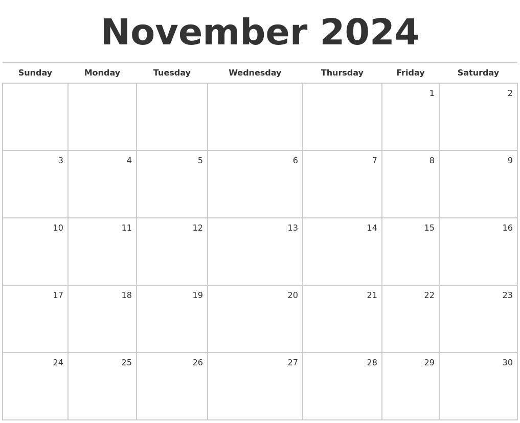 November 2024 Blank Monthly Calendar 2024 Calendar Printable