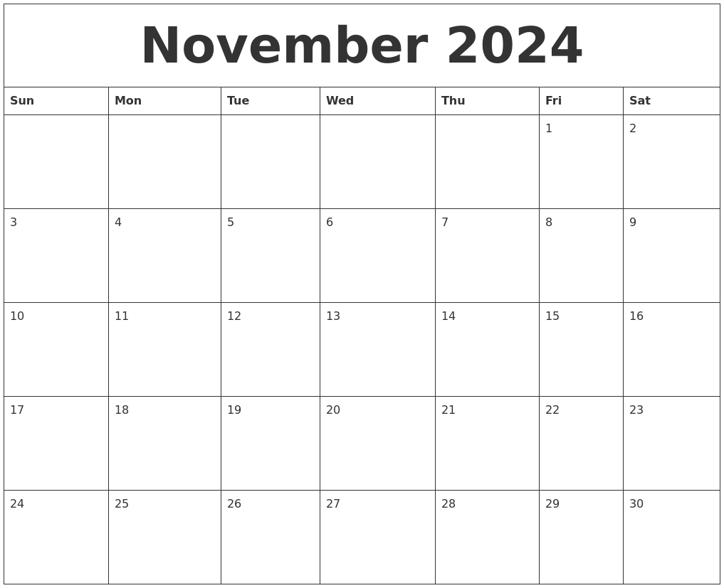 2024 November Calendar 2024 Calendar Printable