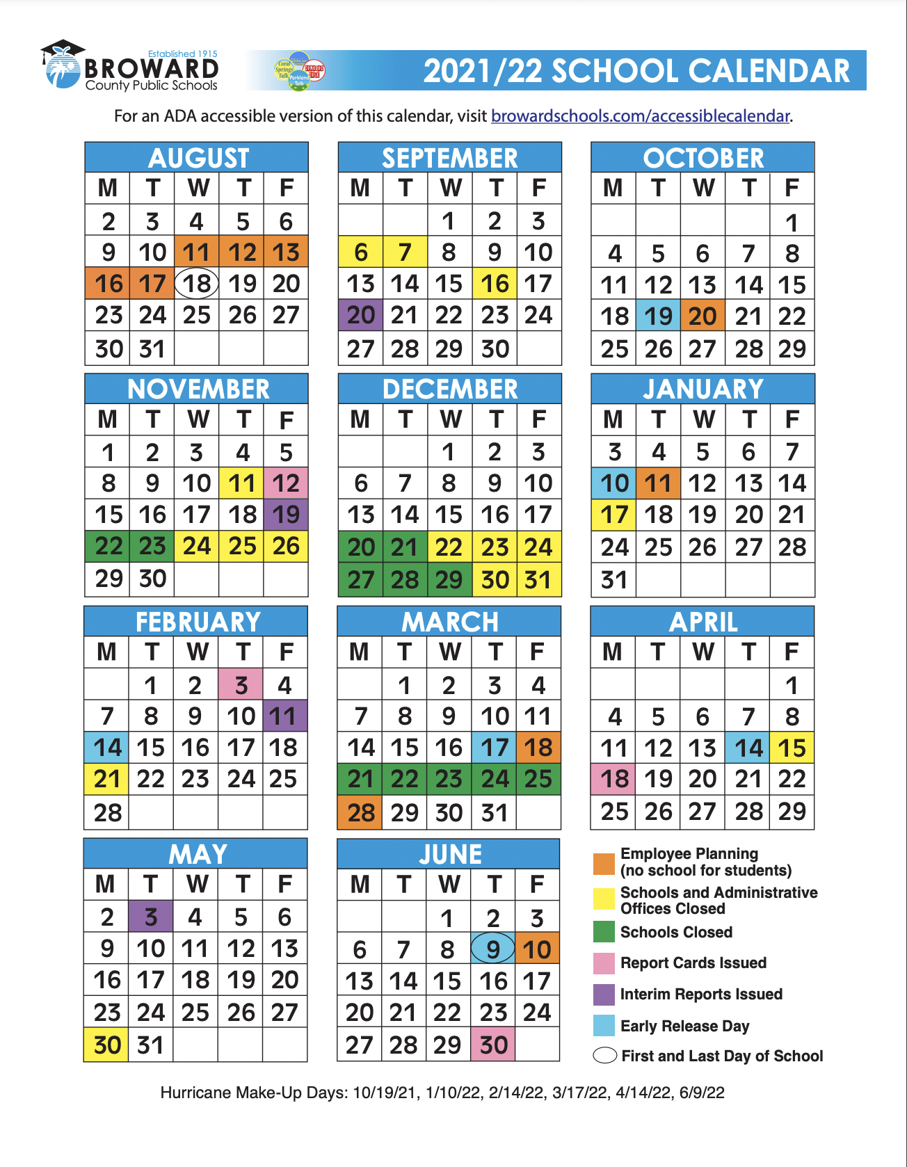 Official 2021 22 Broward County Public Schools Color Calendar Tamarac