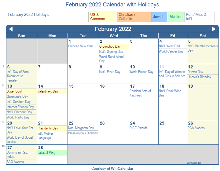 February Calendar 2024 With Holidays