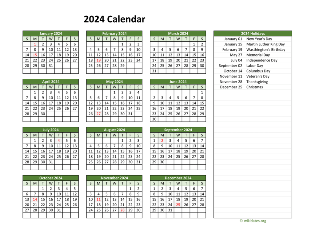 2024 Calendar With Federal Holidays