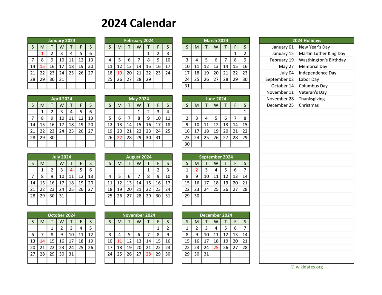 2024 Calendar With Federal Holidays Printable 2024 Calendar Printable