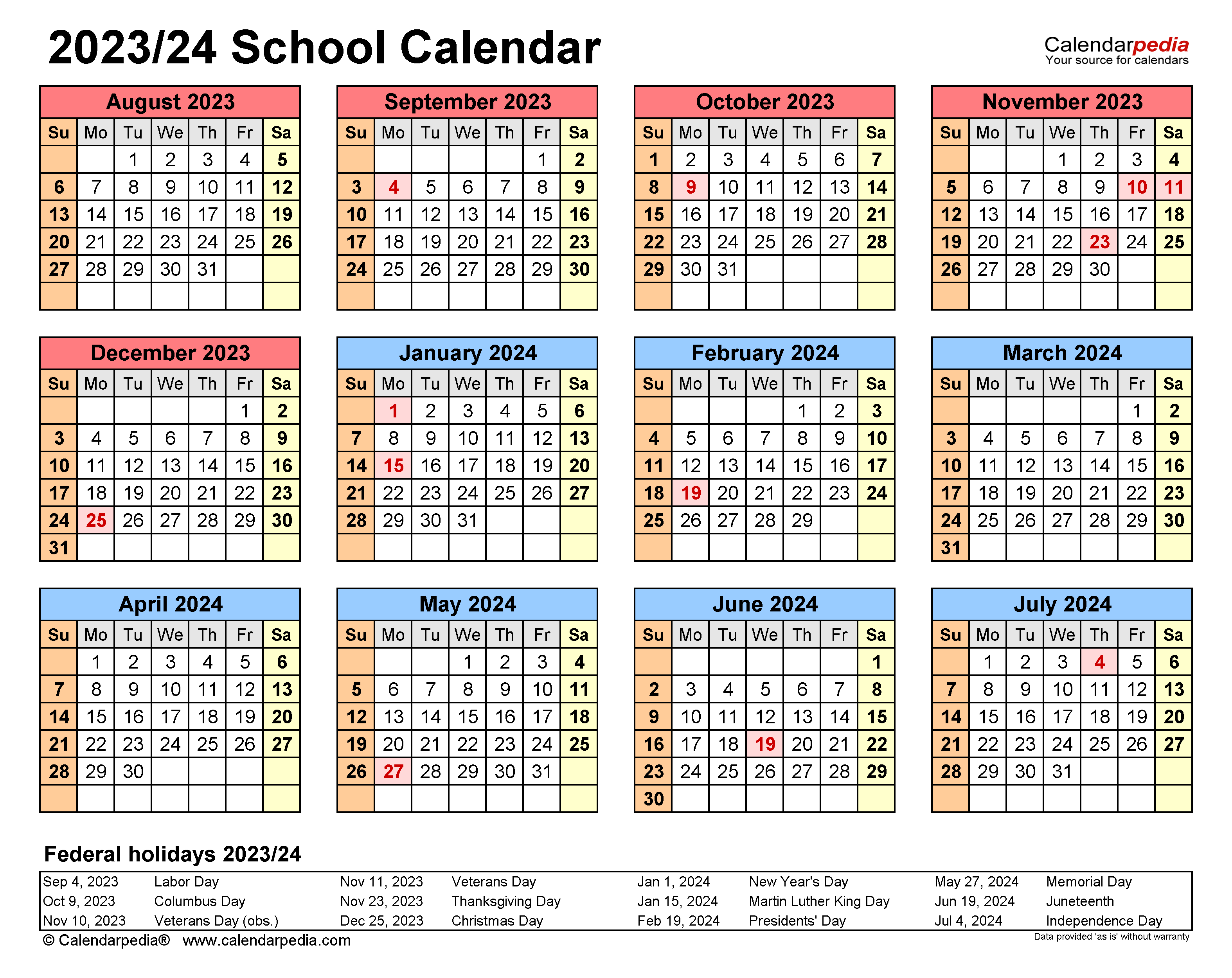 20242023 School Calendar Template 2024 Calendar Printable