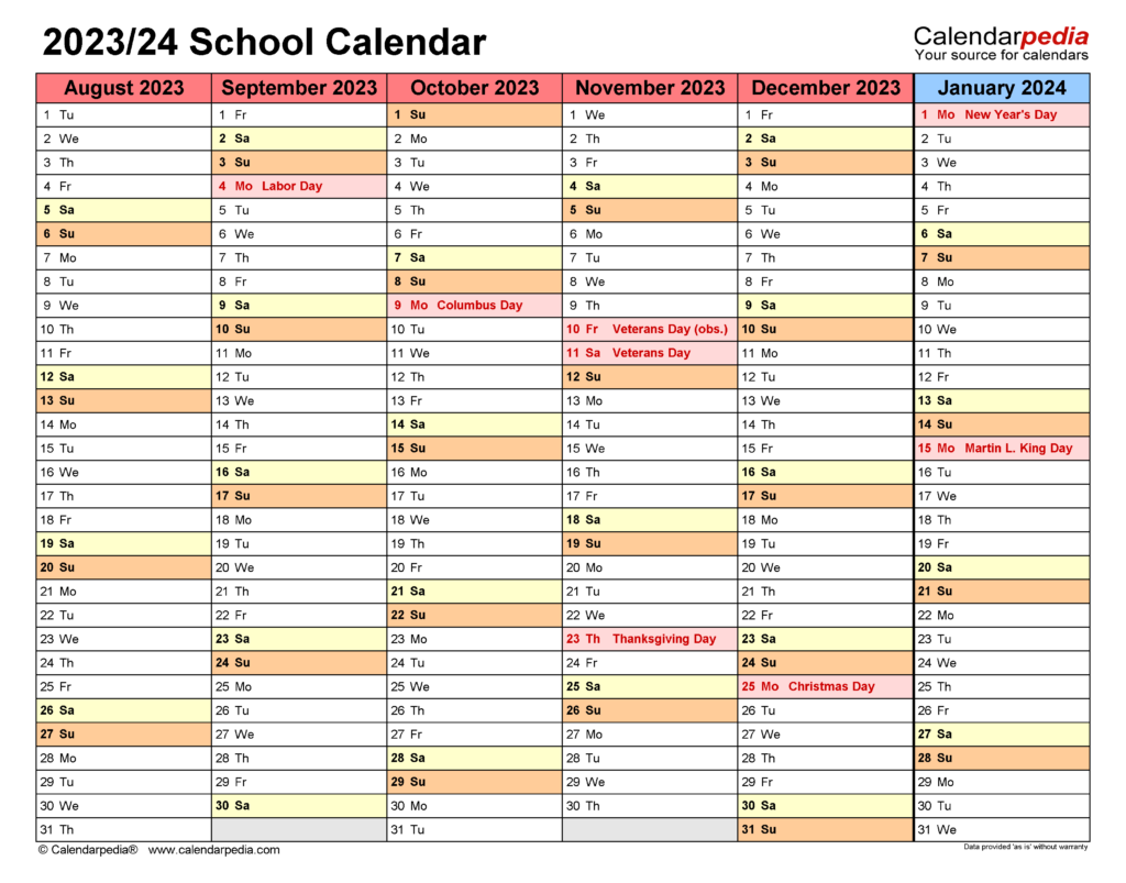 2024 And 2023 School Calendar Template