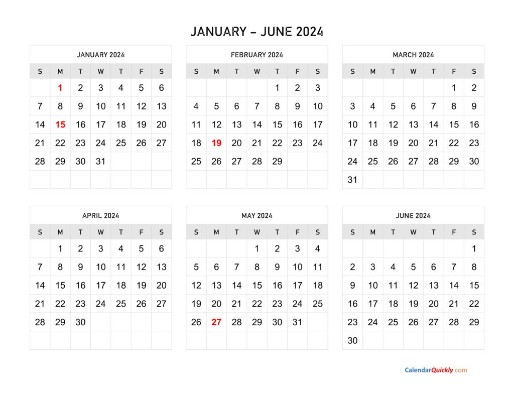 6 Month Calendar 2024