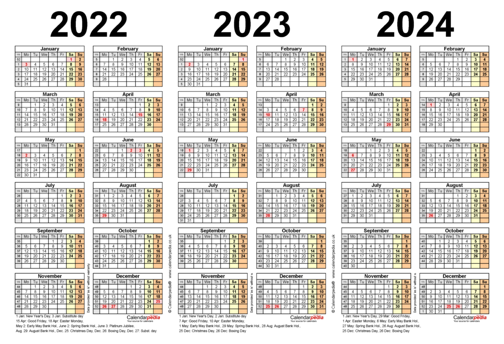 Three Year Calendar 2022 To 2024
