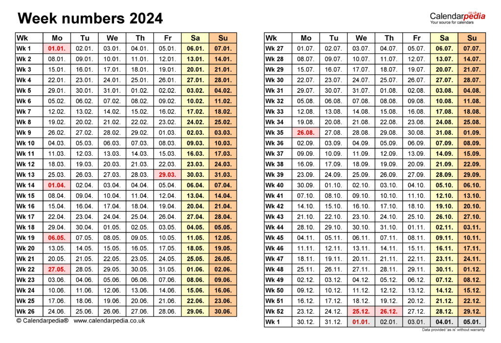 2024 Calendar By Week Number