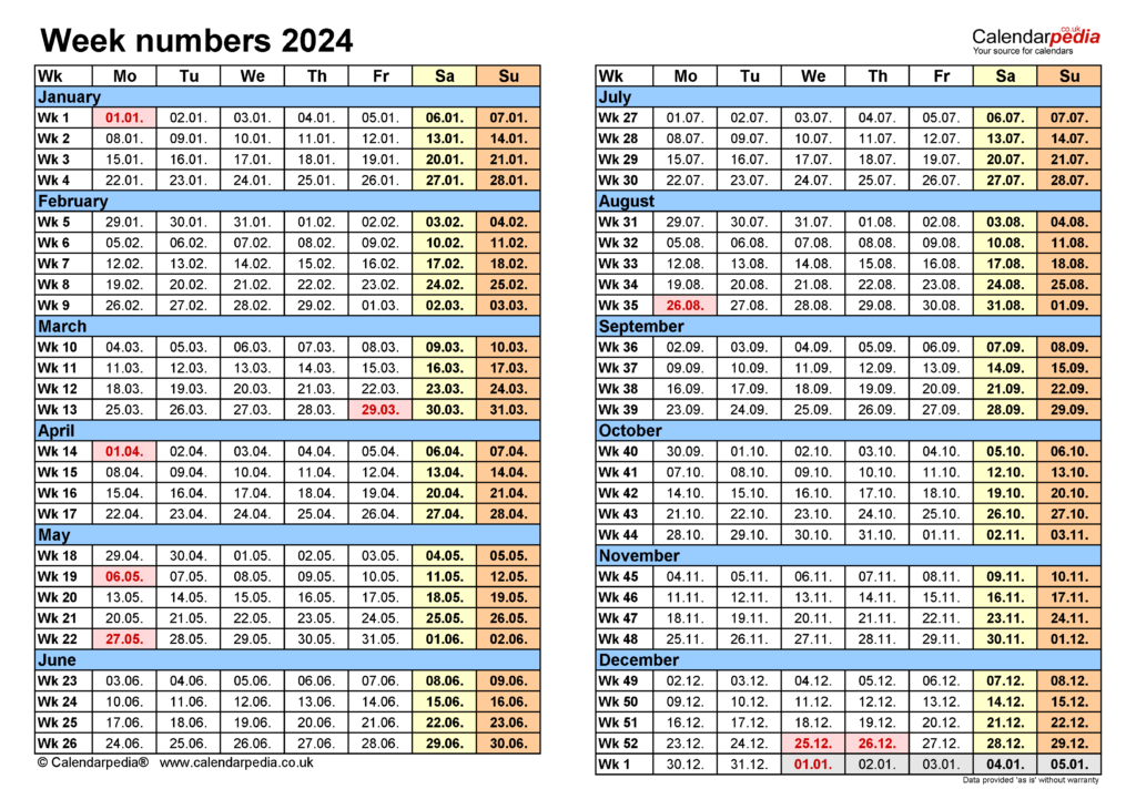 2024 Calendar With Week Numbers