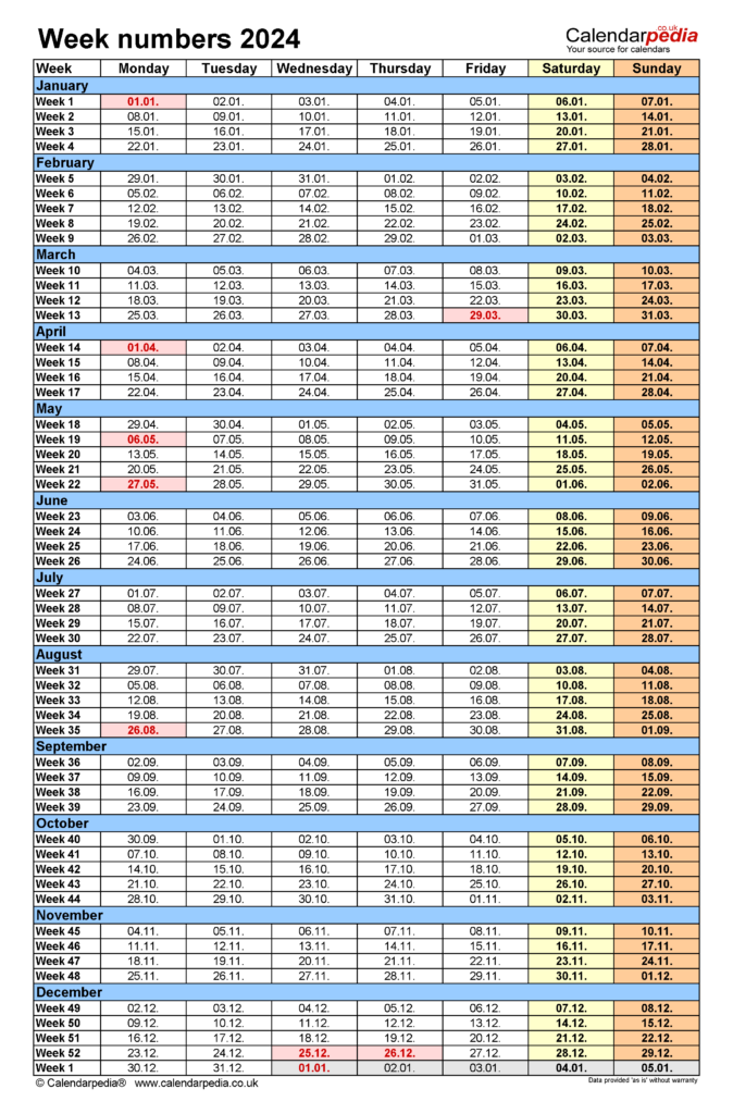 2024 Calendar With Week Numbers Excel