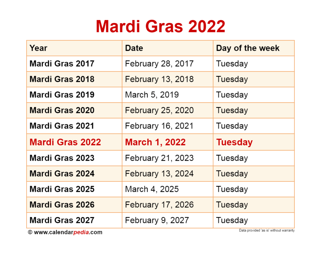 Mardi Gras Calendar 2024