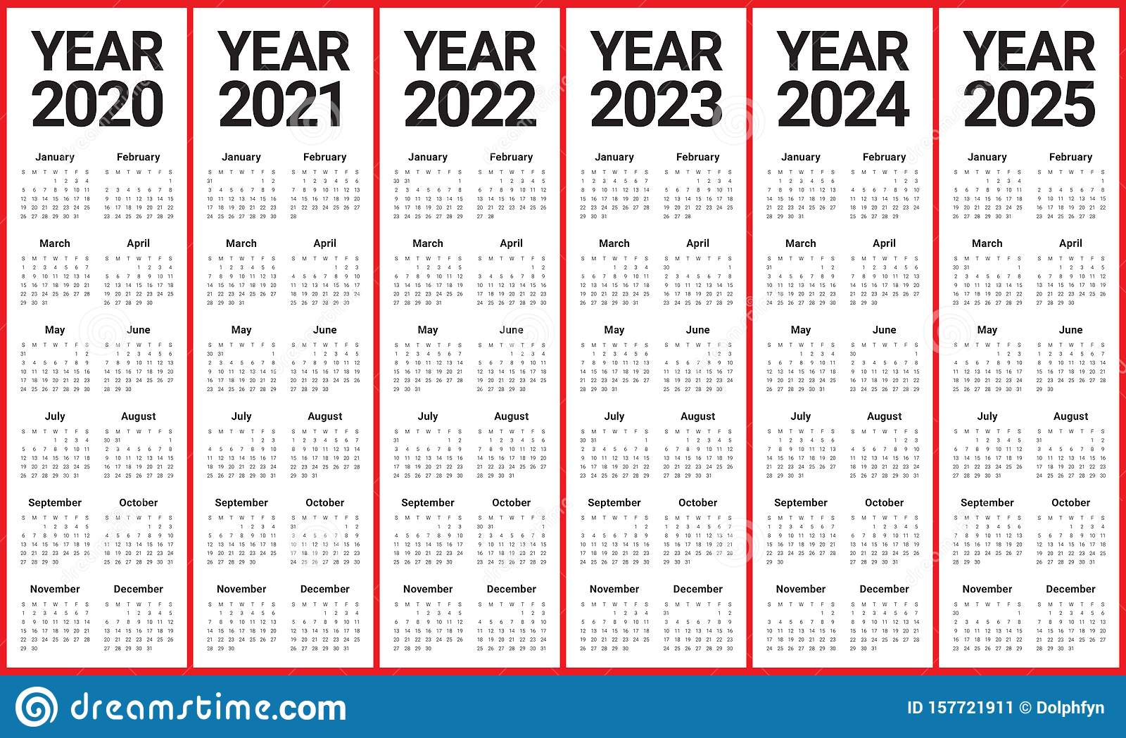 Year 2020 2021 2022 2023 2024 2025 Calendar Vector Design Template 1 