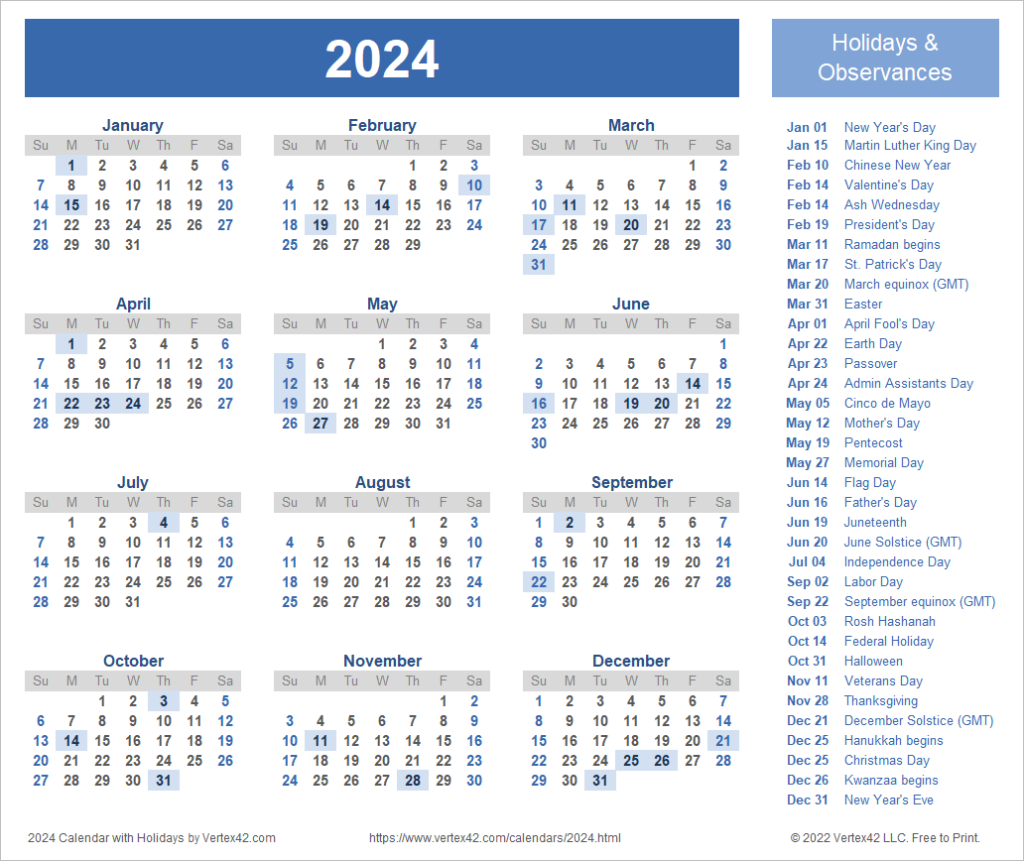 Printable 2024 Calendar With Federal Holidays