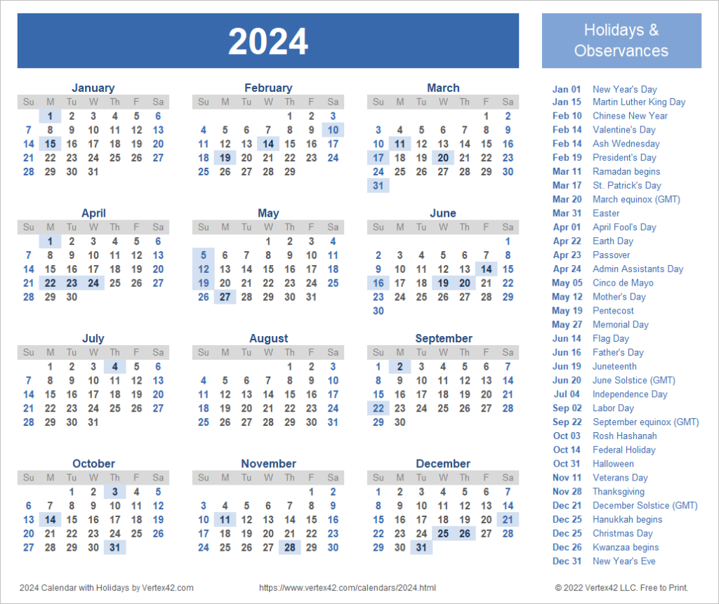 2024 Free Printable Monthly Calendar With Holidays