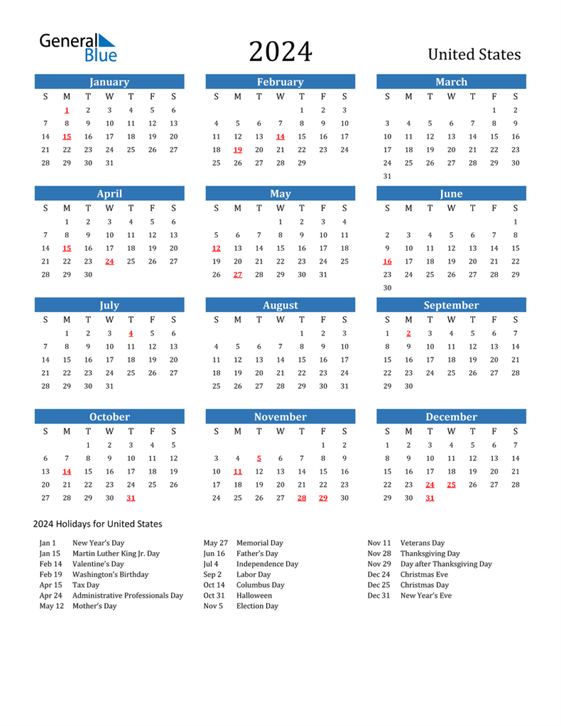 Free Printable Calendar 2024 With Us Holidays