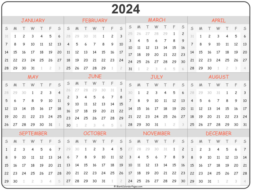 2024 Yearly Calendar Printable One Page