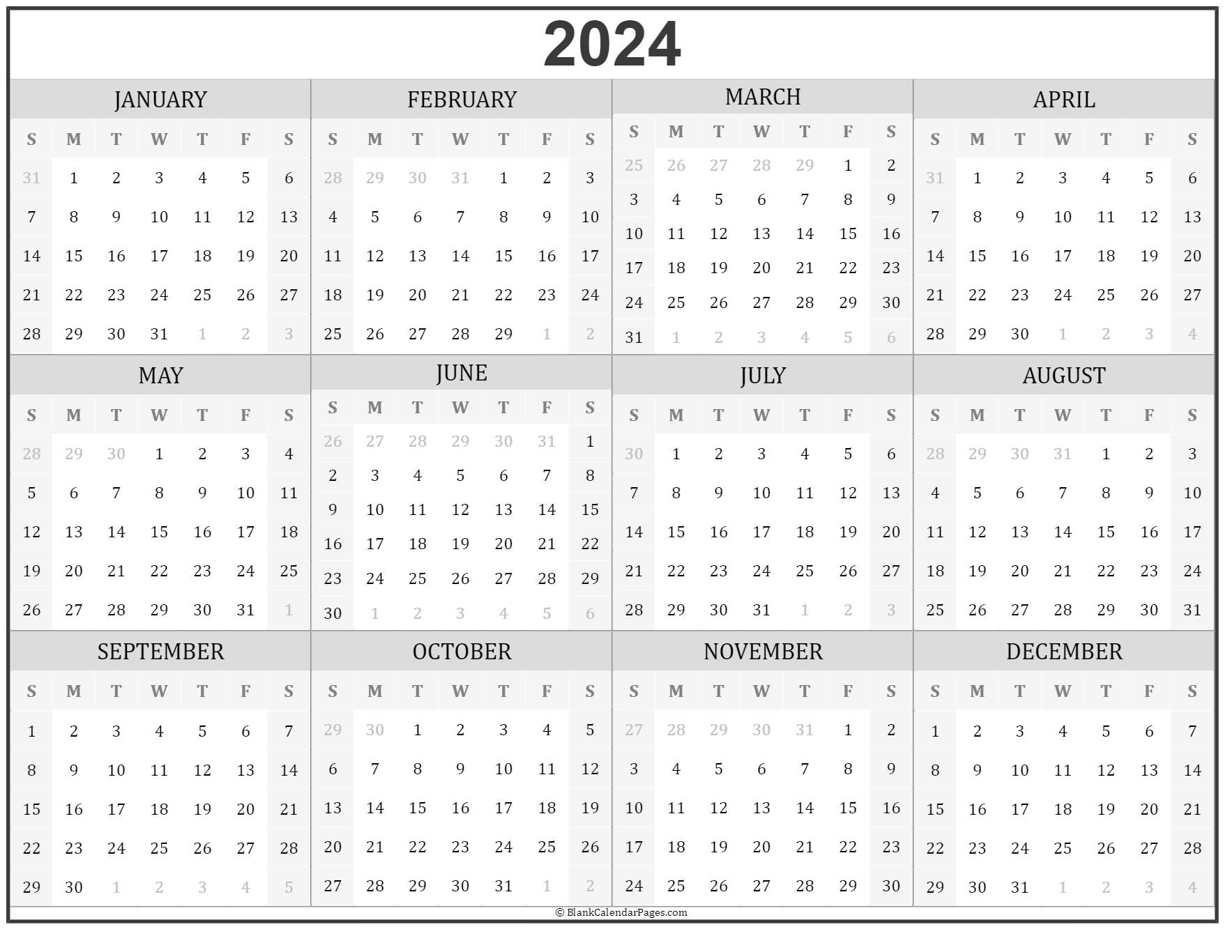 2024 Blank Yearly Word Calendar Template Free Printable Templates