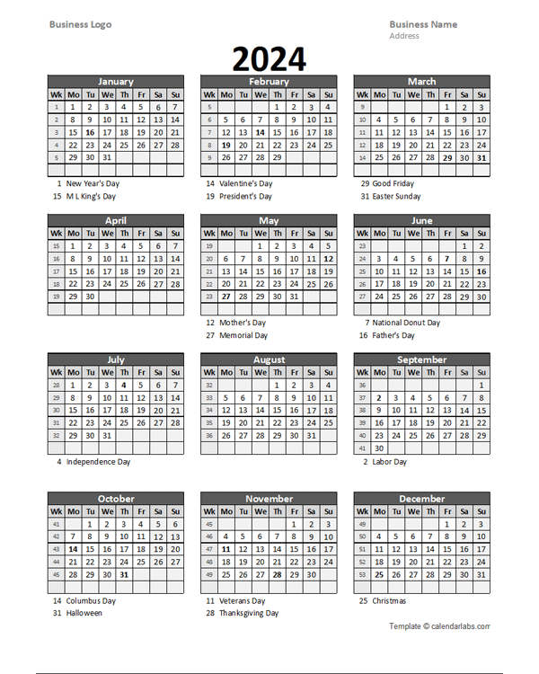 2024 Yearly Business Calendar With Week Number Free Printable Templates