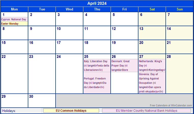 April Calendar 2024 With Holidays