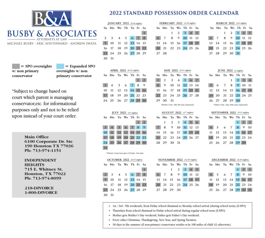 2024 Standard Possession Order Calendar