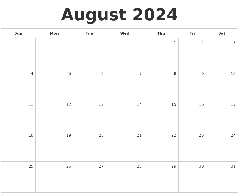 August Printable Calendar 2024