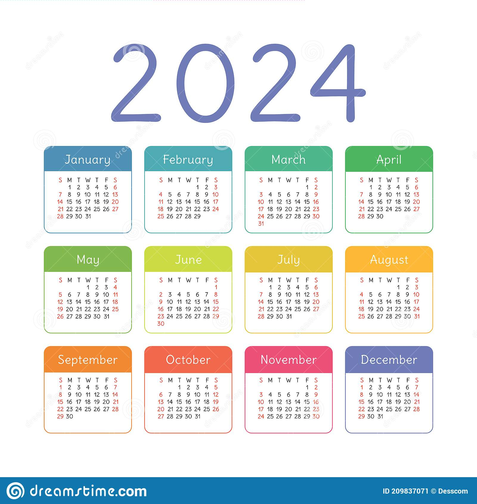Calendar 2024 Year English Colorful Vector Square Pocket Or Wall 2024