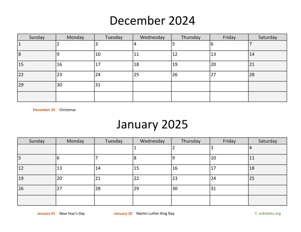 December January Calendar 2024