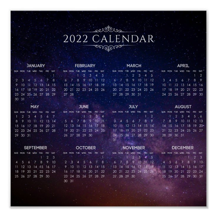 Elegant 2022 Calendar On Milky Way Poster Zazzle 2024 Calendar Printable