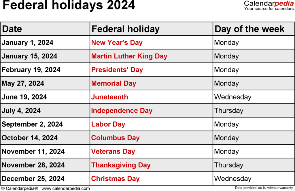 2024 National Holiday Calendar