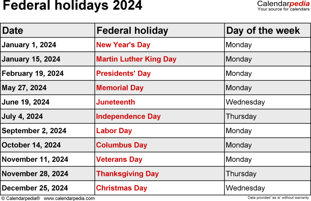 2024 Holidays Calendar Usa