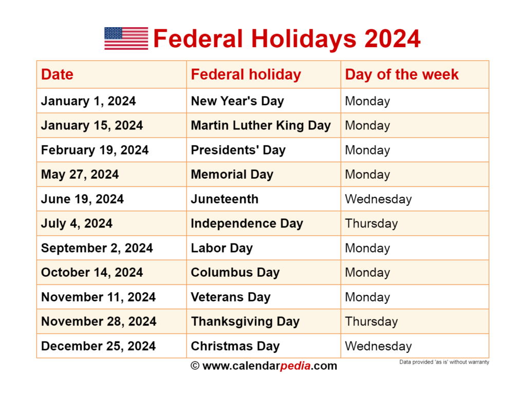 National Holiday Calendar 2024