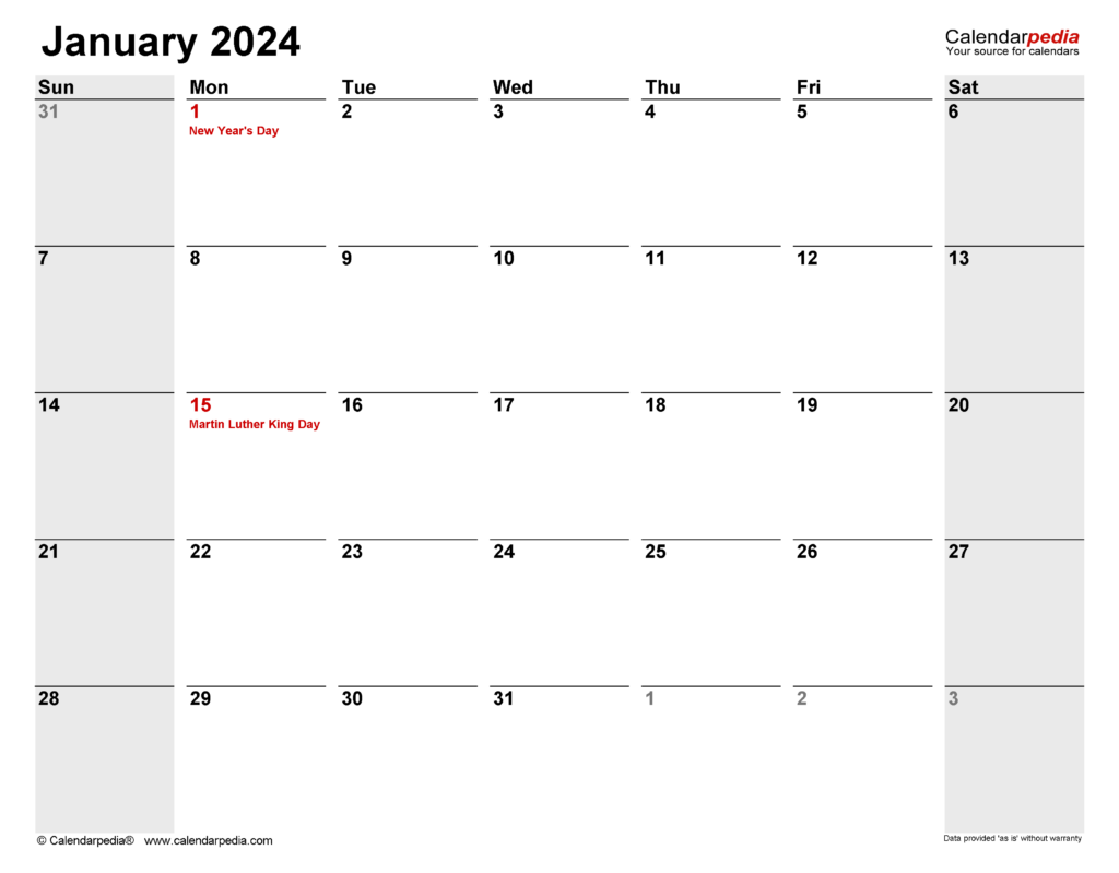 January 2024 Calendar Editable