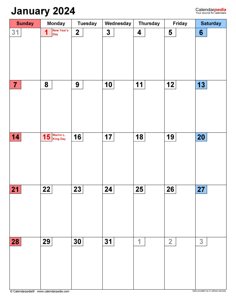 January 2024 Calendar Editable