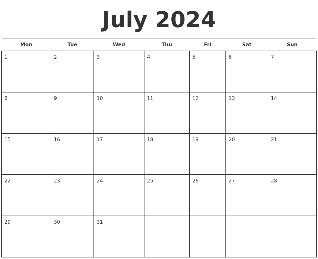 Editable July 2024 Calendar 2024 Calendar Printable