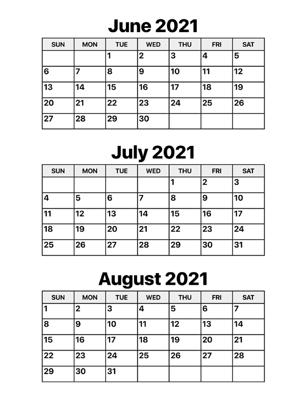 June July August 2024 Calendar Printable